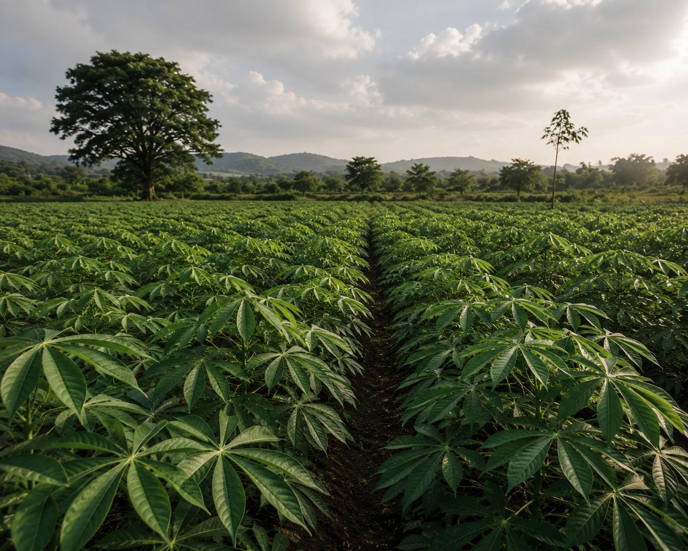 Rows of healthy cassava plants on the DD Bredas Farms estate at sunrise
