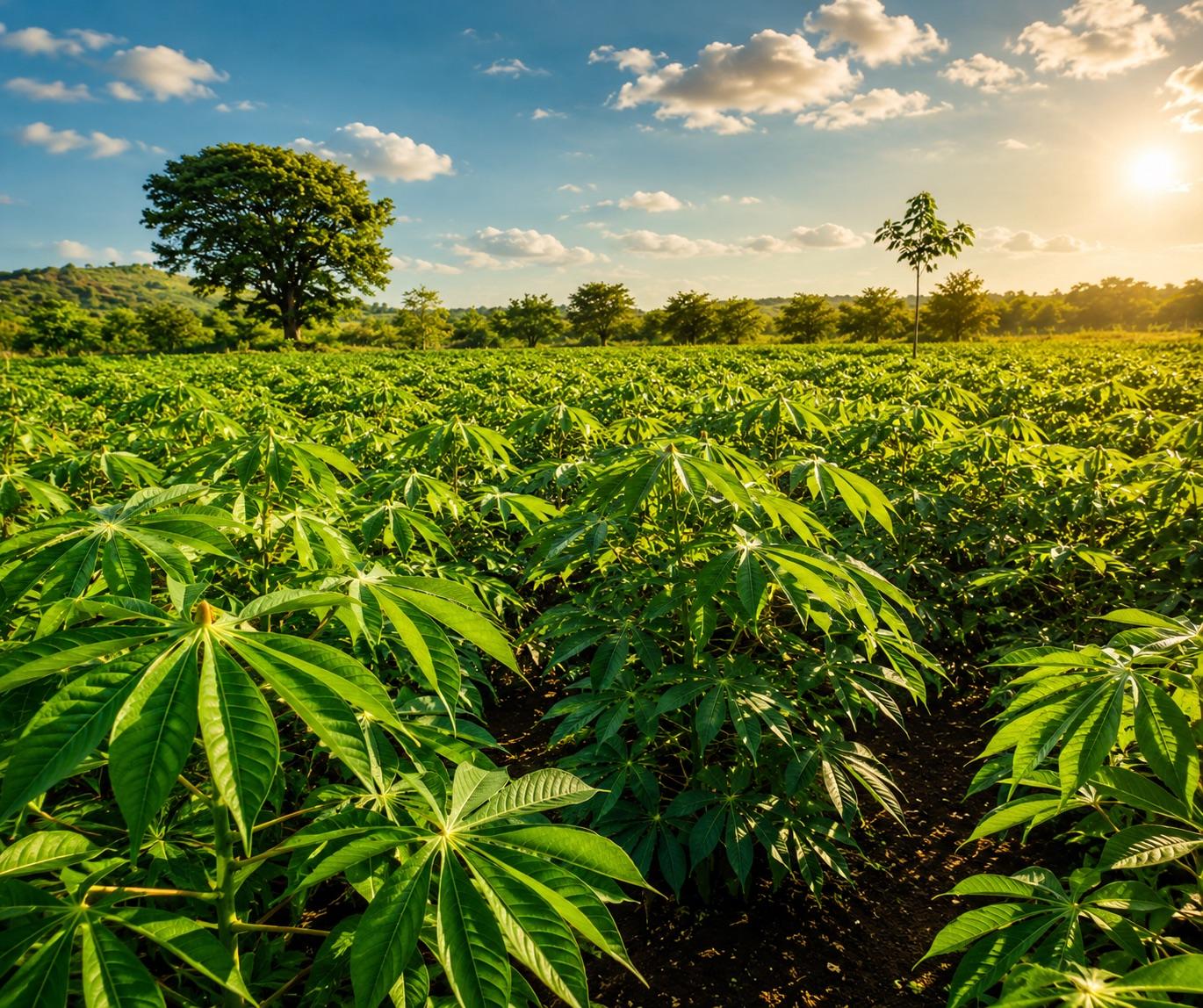 Cassava field bathed in golden sunlight with hills in the distance