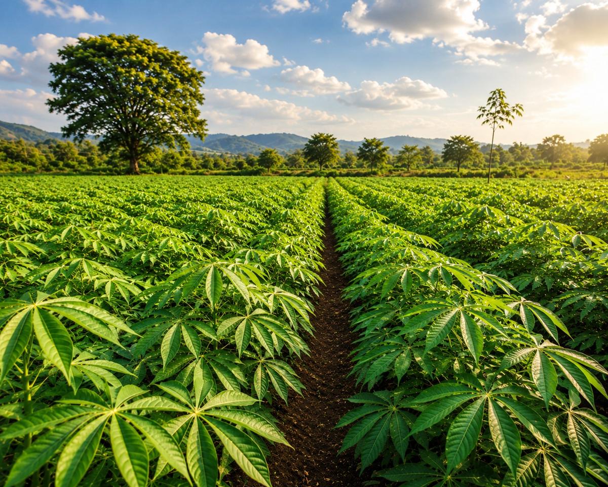 Cassava crops under a bright blue sky with scattered clouds